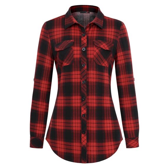 DJT Damen Weiches Gestrick Karierte Bluse Langarm Oberteile Roll Up Ärmel Hemdbluse Shirts Button Down Blusen Top Rot-Schwarz XL