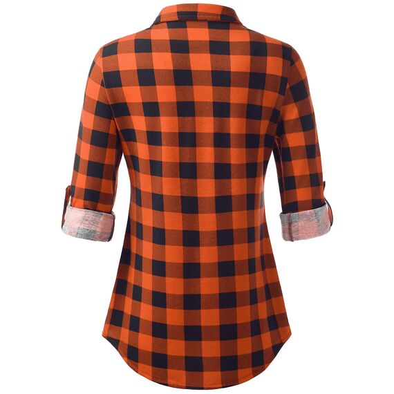 DJT Damen Weiches Gestrick Karierte Bluse Langarm Oberteile Roll Up Ärmel Hemdbluse Shirts Button Down Blusen Top Orange L