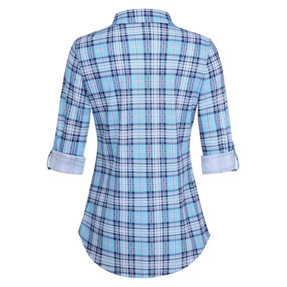 DJT Damen Weiches Gestrick Karierte Bluse Langarm Oberteile Roll Up Ärmel Hemdbluse Shirts Button Down Blusen Top Hellblau-Weiß M