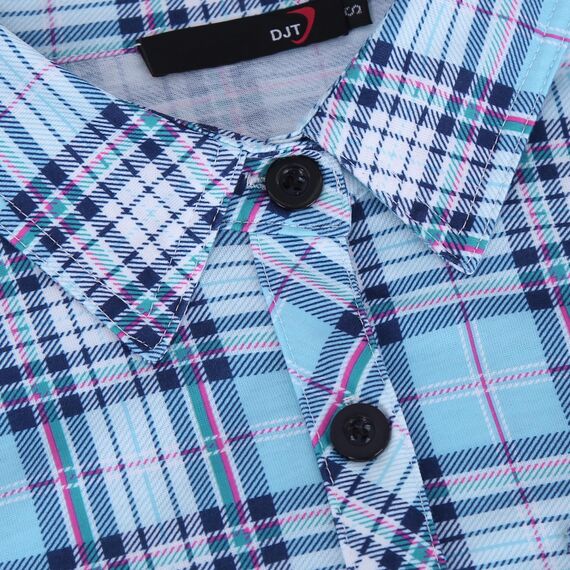 DJT Damen Weiches Gestrick Karierte Bluse Langarm Oberteile Roll Up Ärmel Hemdbluse Shirts Button Down Blusen Top Hellblau-Weiß L