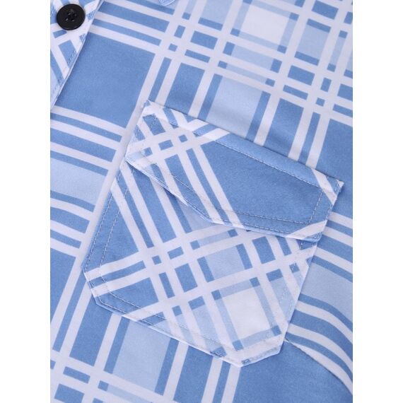 DJT Damen Weiches Gestrick Karierte Bluse Langarm Oberteile Roll Up Ärmel Hemdbluse Shirts Button Down Blusen Top Himmelblau XL