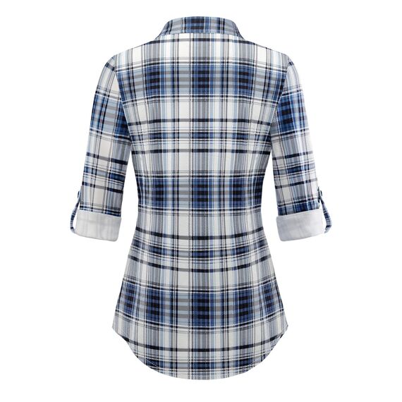 DJT Damen Weiches Gestrick Karierte Bluse Langarm Oberteile Roll Up Ärmel Hemdbluse Tunika Button Down Blusen Top Upgrade Dicker Stoff-Blau L