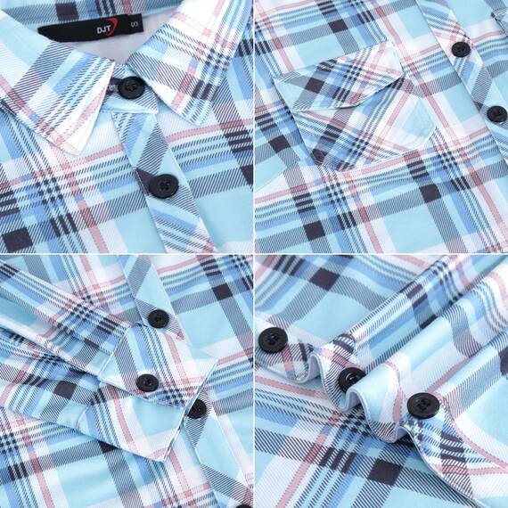 DJT Damen Weiches Gestrick Karierte Bluse Langarm Oberteile Roll Up Ärmel Hemdbluse Tunika Button Down Blusen Top Hellblaues Kariertes M