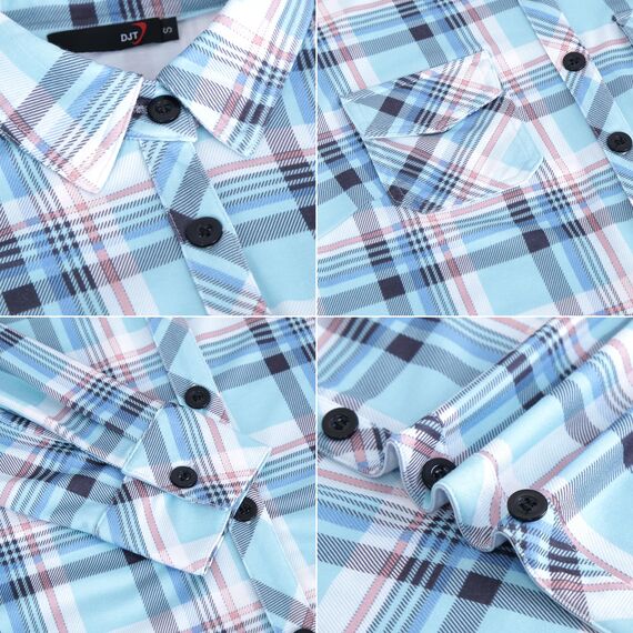 DJT Damen Weiches Gestrick Karierte Bluse Langarm Oberteile Roll Up Ärmel Hemdbluse Tunika Button Down Blusen Top Hellblaues Kariertes L
