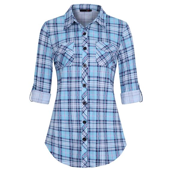 DJT Damen Weiches Gestrick Karierte Bluse Langarm Oberteile Roll Up Ärmel Hemdbluse Shirts Button Down Blusen Top Hellblau-Weiß L