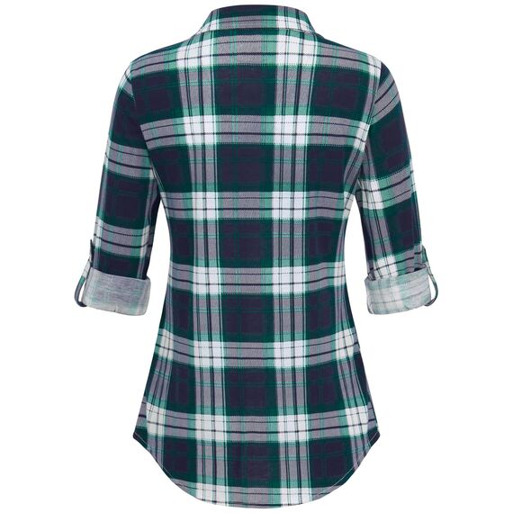 DJT Damen Weiches Gestrick Karierte Bluse Langarm Oberteile Roll Up Ärmel Hemdbluse Tunika Button Down Blusen Top Grün-Blau XL