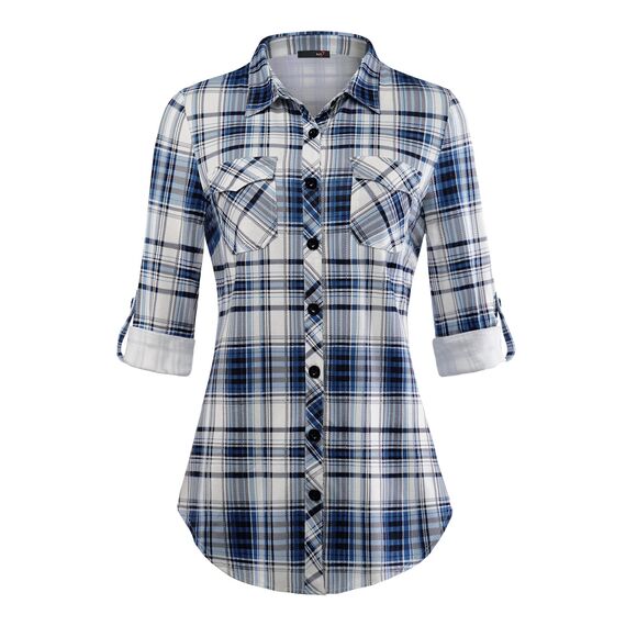 DJT Damen Weiches Gestrick Karierte Bluse Langarm Oberteile Roll Up Ärmel Hemdbluse Tunika Button Down Blusen Top Upgrade Dicker Stoff-Blau L