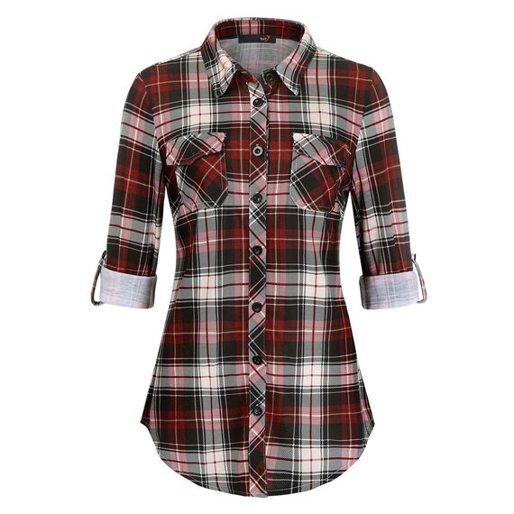 DJT Damen Weiches Gestrick Karierte Bluse Langarm 3/4 Roll Up Ärmel Hemdbluse Button-down Blusen Schönes Rot L