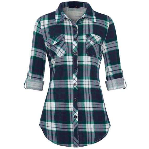 DJT Damen Weiches Gestrick Karierte Bluse Langarm Oberteile Roll Up Ärmel Hemdbluse Tunika Button Down Blusen Top Grün-Blau S