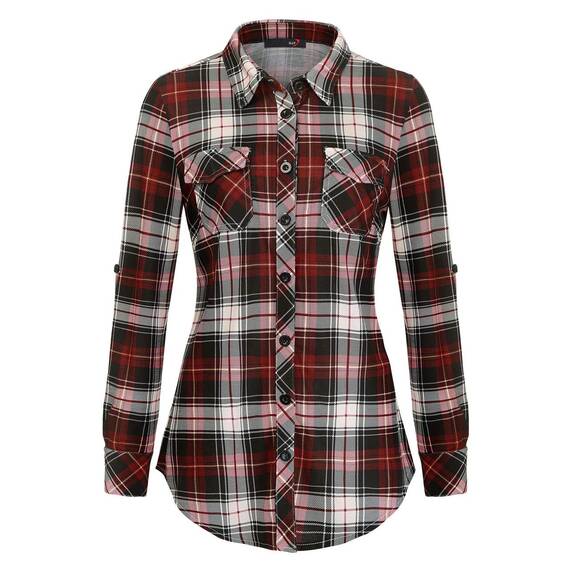 DJT Damen Weiches Gestrick Karierte Bluse Langarm 3/4 Roll Up Ärmel Hemdbluse Button-down Blusen Schönes Rot XL