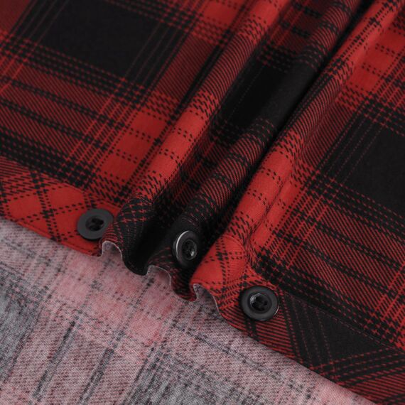 DJT Damen Weiches Gestrick Karierte Bluse Langarm Oberteile Roll Up Ärmel Hemdbluse Shirts Button Down Blusen Top Rot-Schwarz XL