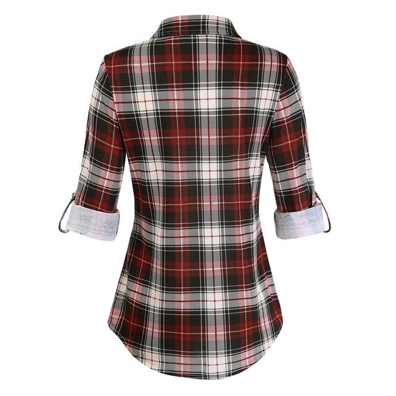 DJT Damen Weiches Gestrick Karierte Bluse Langarm 3/4 Roll Up Ärmel Hemdbluse Button-down Blusen Schönes Rot M