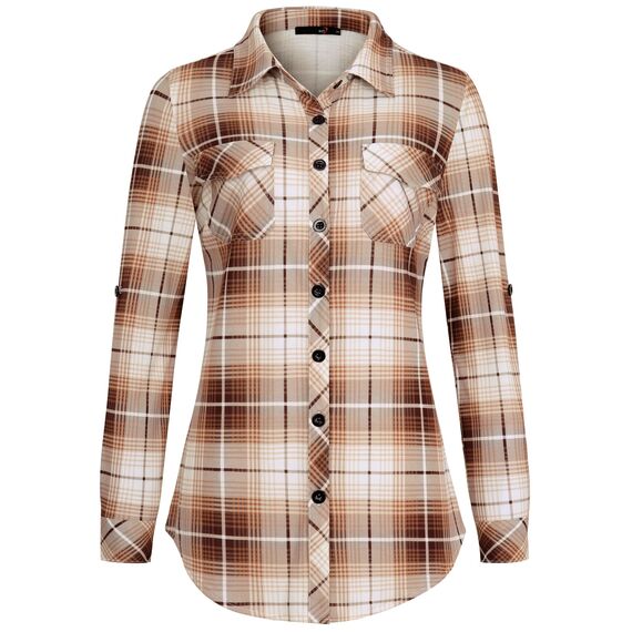 DJT Damen Weiches Gestrick Karierte Bluse Langarm Oberteile Roll Up Ärmel Hemdbluse Tunika Button Down Blusen Top Kaffee-Weiß L