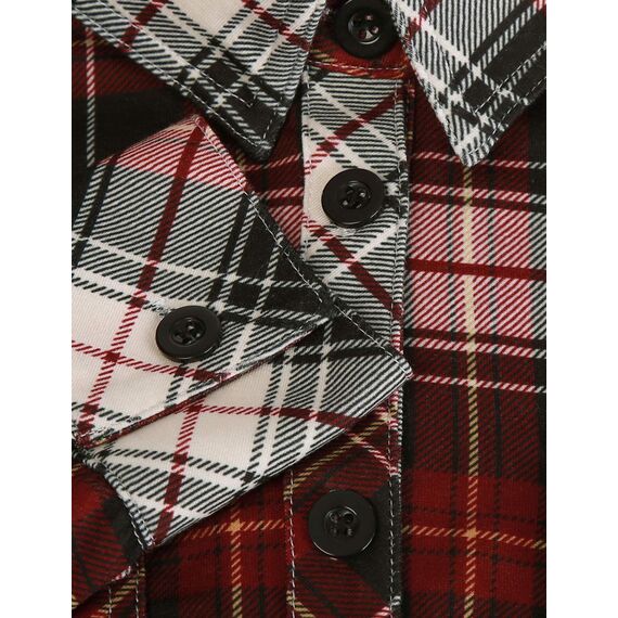 DJT Damen Weiches Gestrick Karierte Bluse Langarm 3/4 Roll Up Ärmel Hemdbluse Button-down Blusen Schönes Rot L