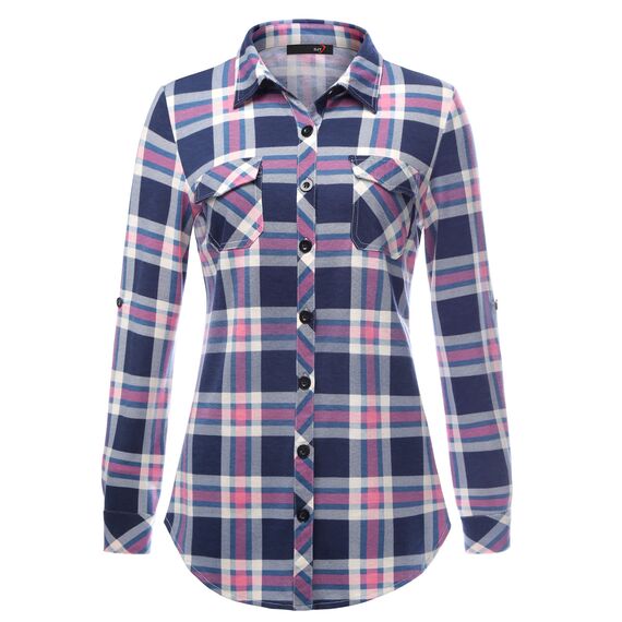 DJT Damen Weiches Gestrick Karierte Bluse Langarm Oberteile Roll Up Ärmel Hemdbluse Tunika Button Down Blusen Top Blau-Rosa L