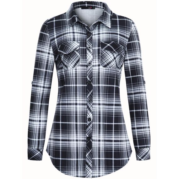 DJT Damen Weiches Gestrick Karierte Bluse Langarm Oberteile Roll Up Ärmel Hemdbluse Tunika Button Down Blusen Top Schwarz-Weiß S