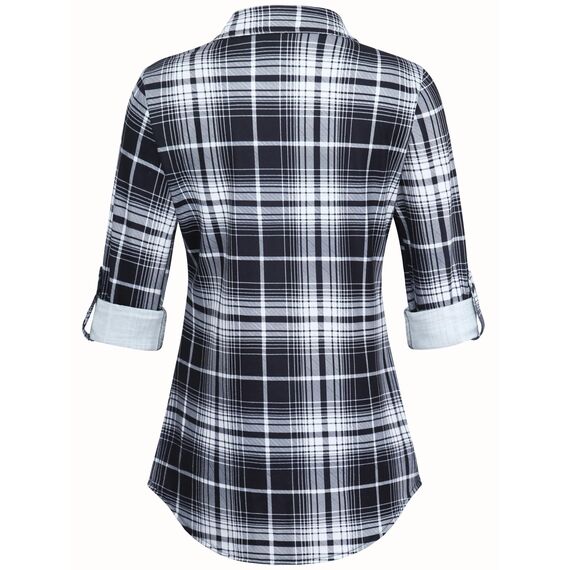 DJT Damen Weiches Gestrick Karierte Bluse Langarm Oberteile Roll Up Ärmel Hemdbluse Tunika Button Down Blusen Top Schwarz-Weiß M