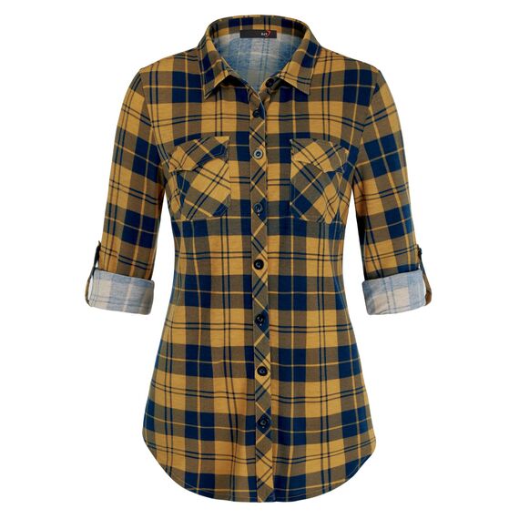 DJT Damen Weiches Gestrick Karierte Bluse Langarm Oberteile Roll Up Ärmel Hemdbluse Shirts Button Down Blusen Top Gelb-Marine M