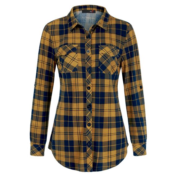 DJT Damen Weiches Gestrick Karierte Bluse Langarm Oberteile Roll Up Ärmel Hemdbluse Shirts Button Down Blusen Top Gelb-Marine L