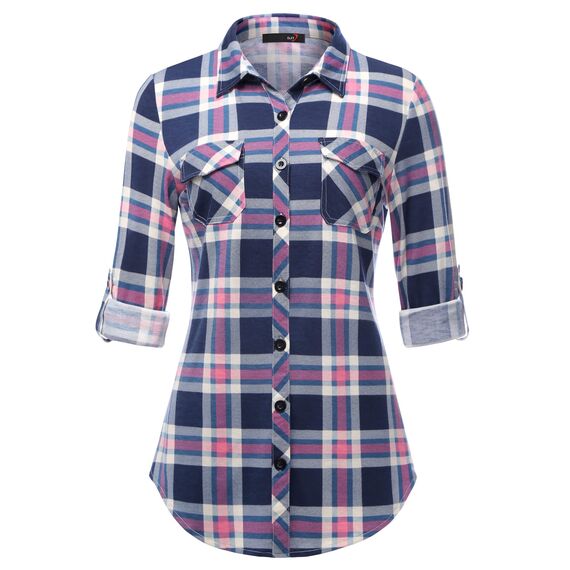 DJT Damen Weiches Gestrick Karierte Bluse Langarm Oberteile Roll Up Ärmel Hemdbluse Tunika Button Down Blusen Top Blau-Rosa L