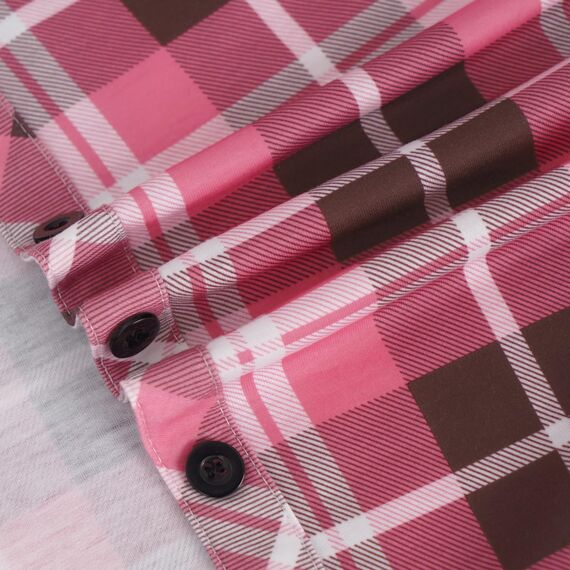 DJT Damen Weiches Gestrick Karierte Bluse Langarm Oberteile Roll Up Ärmel Hemdbluse Shirts Button Down Blusen Top Rosa-Braun XL