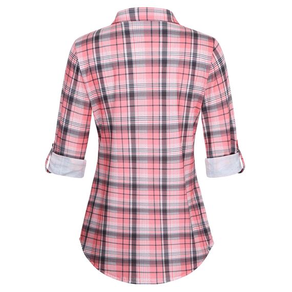 DJT Damen Weiches Gestrick Karierte Bluse Langarm Oberteile Roll Up Ärmel Hemdbluse Tunika Button Down Blusen Top Rosa Kariertes XL