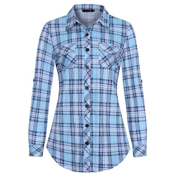 DJT Damen Weiches Gestrick Karierte Bluse Langarm Oberteile Roll Up Ärmel Hemdbluse Shirts Button Down Blusen Top Hellblau-Weiß M