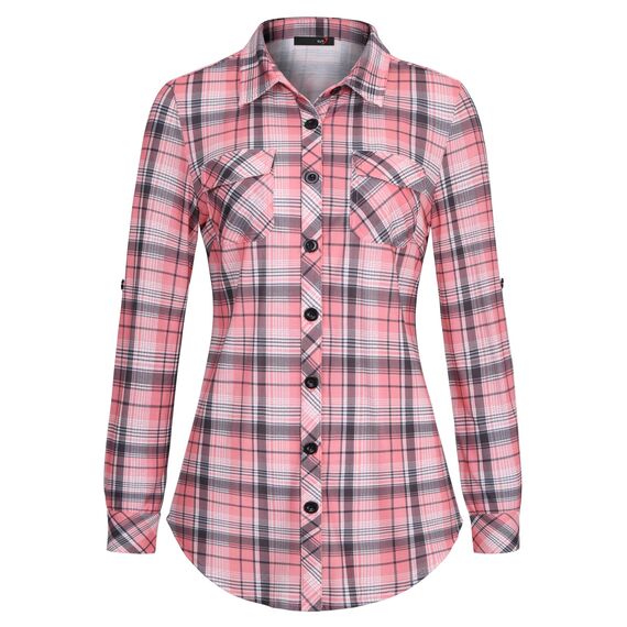 DJT Damen Weiches Gestrick Karierte Bluse Langarm Oberteile Roll Up Ärmel Hemdbluse Tunika Button Down Blusen Top Rosa Kariertes S