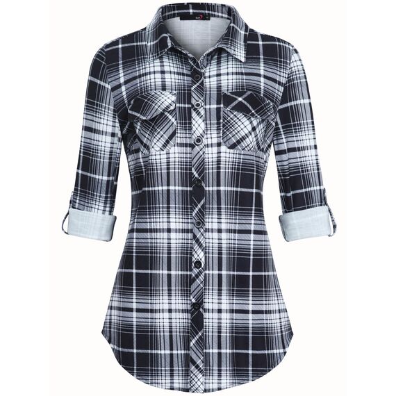 DJT Damen Weiches Gestrick Karierte Bluse Langarm Oberteile Roll Up Ärmel Hemdbluse Tunika Button Down Blusen Top Schwarz-Weiß M