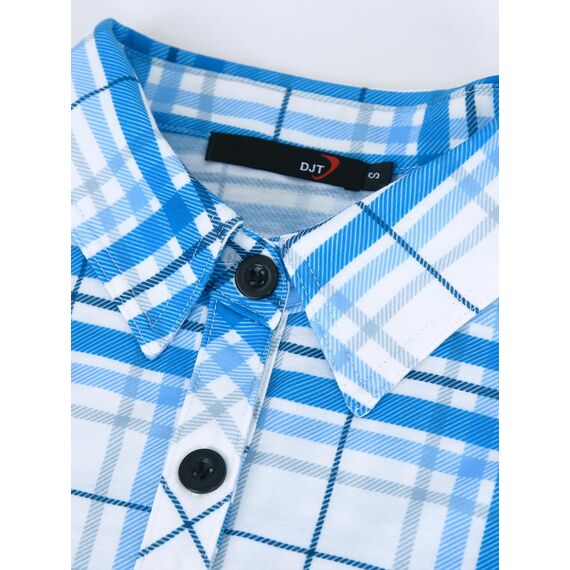 DJT Damen Weiches Gestrick Karierte Bluse Langarm Oberteile Roll Up Ärmel Hemdbluse Shirts Button Down Blusen Top Blau-Weiß M