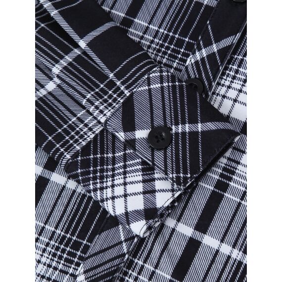 DJT Damen Weiches Gestrick Karierte Bluse Langarm Oberteile Roll Up Ärmel Hemdbluse Tunika Button Down Blusen Top Schwarz-Weiß S