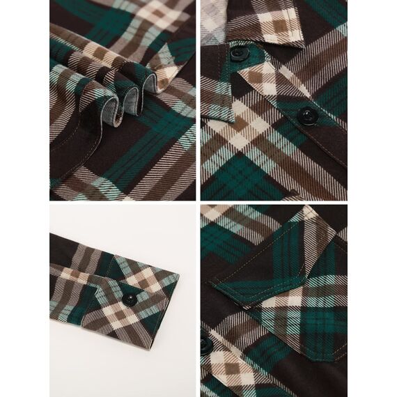 DJT Damen Weiches Gestrick Karierte Bluse Langarm Oberteile Roll Up Ärmel Hemdbluse Shirts Button Down Blusen Top Kaffee-Grün XL
