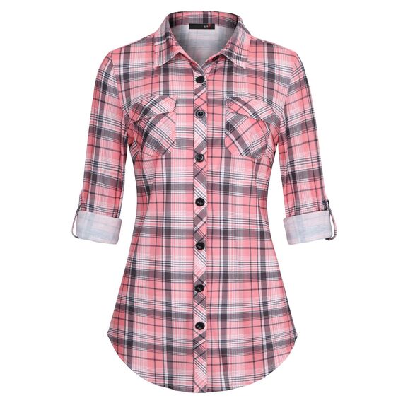 DJT Damen Weiches Gestrick Karierte Bluse Langarm Oberteile Roll Up Ärmel Hemdbluse Tunika Button Down Blusen Top Rosa Kariertes XL
