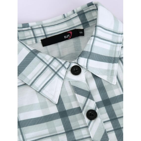 DJT Damen Weiches Gestrick Karierte Bluse Langarm Oberteile Roll Up Ärmel Hemdbluse Shirts Button Down Blusen Top Grau-Grün L