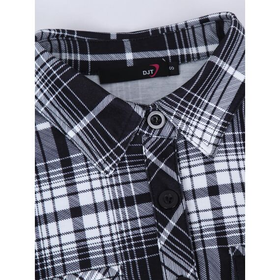 DJT Damen Weiches Gestrick Karierte Bluse Langarm Oberteile Roll Up Ärmel Hemdbluse Tunika Button Down Blusen Top Schwarz-Weiß S