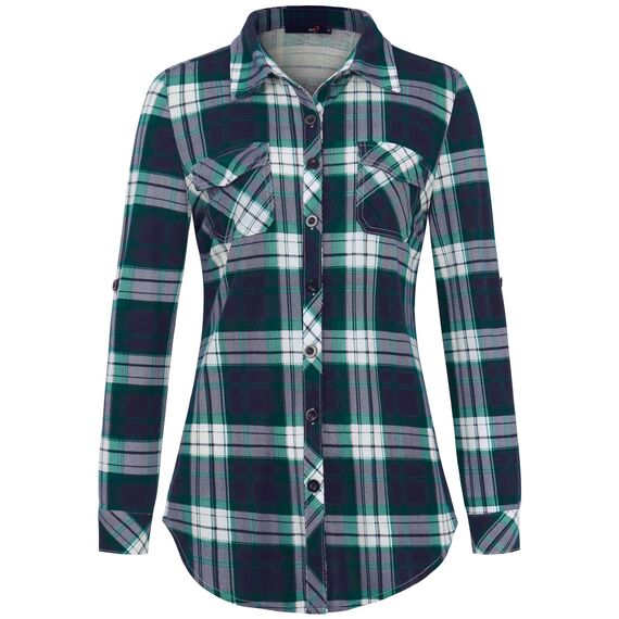 DJT Damen Weiches Gestrick Karierte Bluse Langarm Oberteile Roll Up Ärmel Hemdbluse Tunika Button Down Blusen Top Grün-Blau L