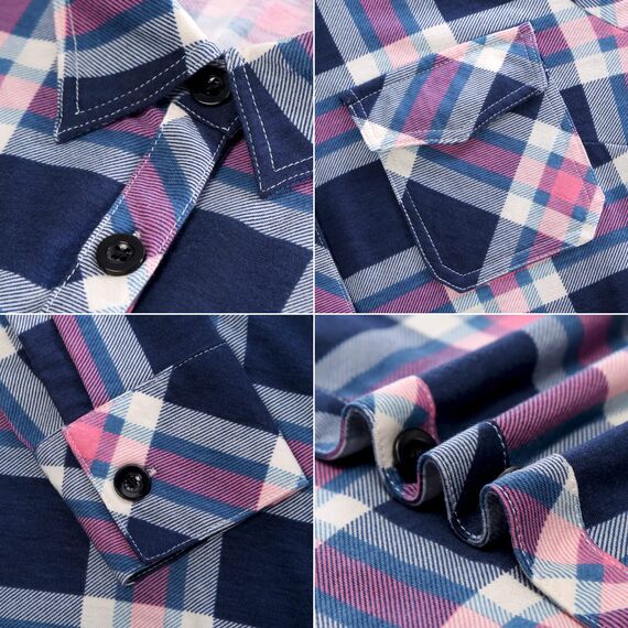 DJT Damen Weiches Gestrick Karierte Bluse Langarm Oberteile Roll Up Ärmel Hemdbluse Tunika Button Down Blusen Top Blau-Rosa L