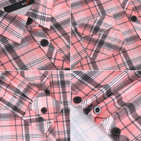 DJT Damen Weiches Gestrick Karierte Bluse Langarm Oberteile Roll Up Ärmel Hemdbluse Tunika Button Down Blusen Top Rosa Kariertes XL