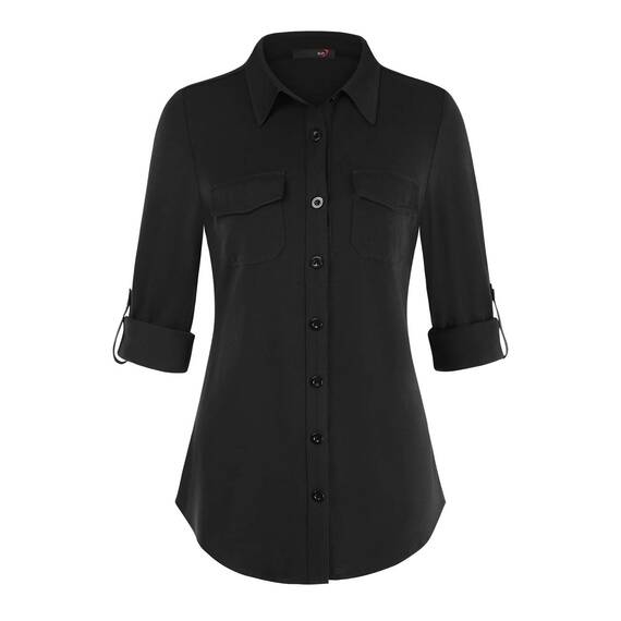 DJT Damen Weiches Gestrick Karierte Bluse Langarm 3/4 Ärmel Roll Up Ärmel Hemdbluse Button-down Solid Schwarz XXL