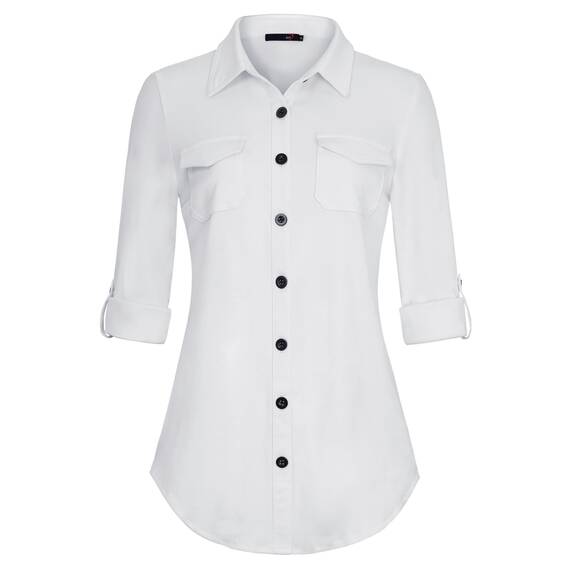 DJT Damen Weiches Gestrick Karierte Bluse Langarm Oberteile Roll Up Ärmel Hemdbluse Shirts Button Down Blusen Top Solides-Weiß XXL