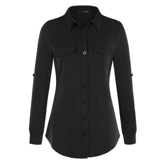 DJT Damen Weiches Gestrick Karierte Bluse Langarm 3/4 Ärmel Roll Up Ärmel Hemdbluse Button-down Solid Schwarz XXL