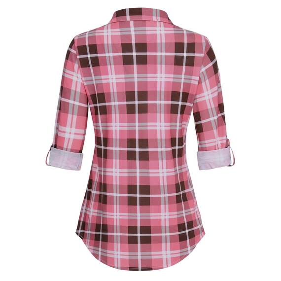 DJT Damen Weiches Gestrick Karierte Bluse Langarm Oberteile Roll Up Ärmel Hemdbluse Shirts Button Down Blusen Top Rosa-Braun XXL