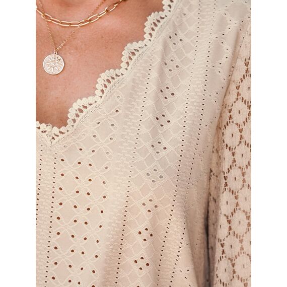 CUPSHE Damen Blusen V-Ausschnitt Spitzen Wellenkante Puffärmel Langarmshirt Lässige Lace Oberteile Tunika Bluse Tops Hellbraun S