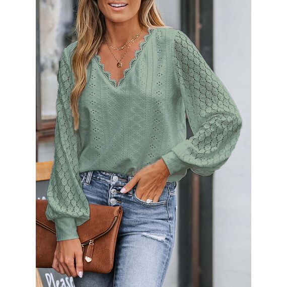 CUPSHE Damen Blusen V-Ausschnitt Spitzen Wellenkante Puffärmel Langarmshirt Lässige Lace Oberteile Tunika Bluse Tops Salbeigrün M