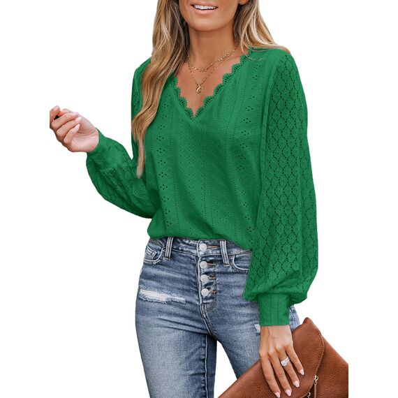 CUPSHE Damen Blusen V-Ausschnitt Spitzen Wellenkante Puffärmel Langarmshirt Lässige Lace Oberteile Tunika Bluse Tops Smaragdgrün S