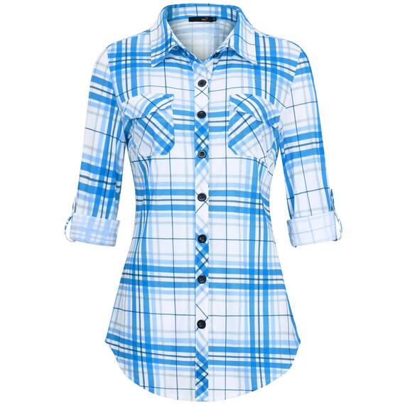 DJT Damen Weiches Gestrick Karierte Bluse Langarm Oberteile Roll Up Ärmel Hemdbluse Shirts Button Down Blusen Top Blau-Weiß XXL