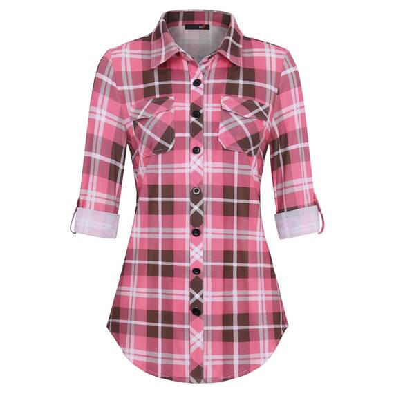 DJT Damen Weiches Gestrick Karierte Bluse Langarm Oberteile Roll Up Ärmel Hemdbluse Shirts Button Down Blusen Top Rosa-Braun XXL