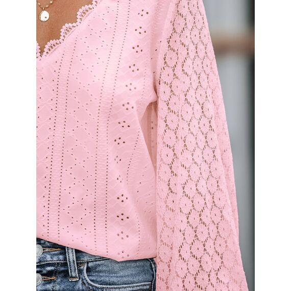 CUPSHE Damen Blusen V-Ausschnitt Spitzen Wellenkante Puffärmel Langarmshirt Lässige Lace Oberteile Tunika Bluse Tops Hellrosa L