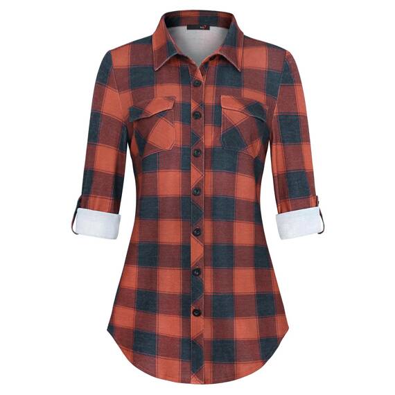 DJT Damen Weiches Gestrick Karierte Bluse Langarm Oberteile Roll Up Ärmel Hemdbluse Shirts Button Down Blusen Top Rot-Marineblau XXL
