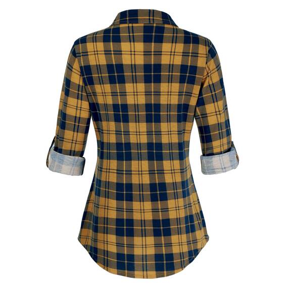 DJT Damen Weiches Gestrick Karierte Bluse Langarm Oberteile Roll Up Ärmel Hemdbluse Shirts Button Down Blusen Top Gelb-Marine XXL